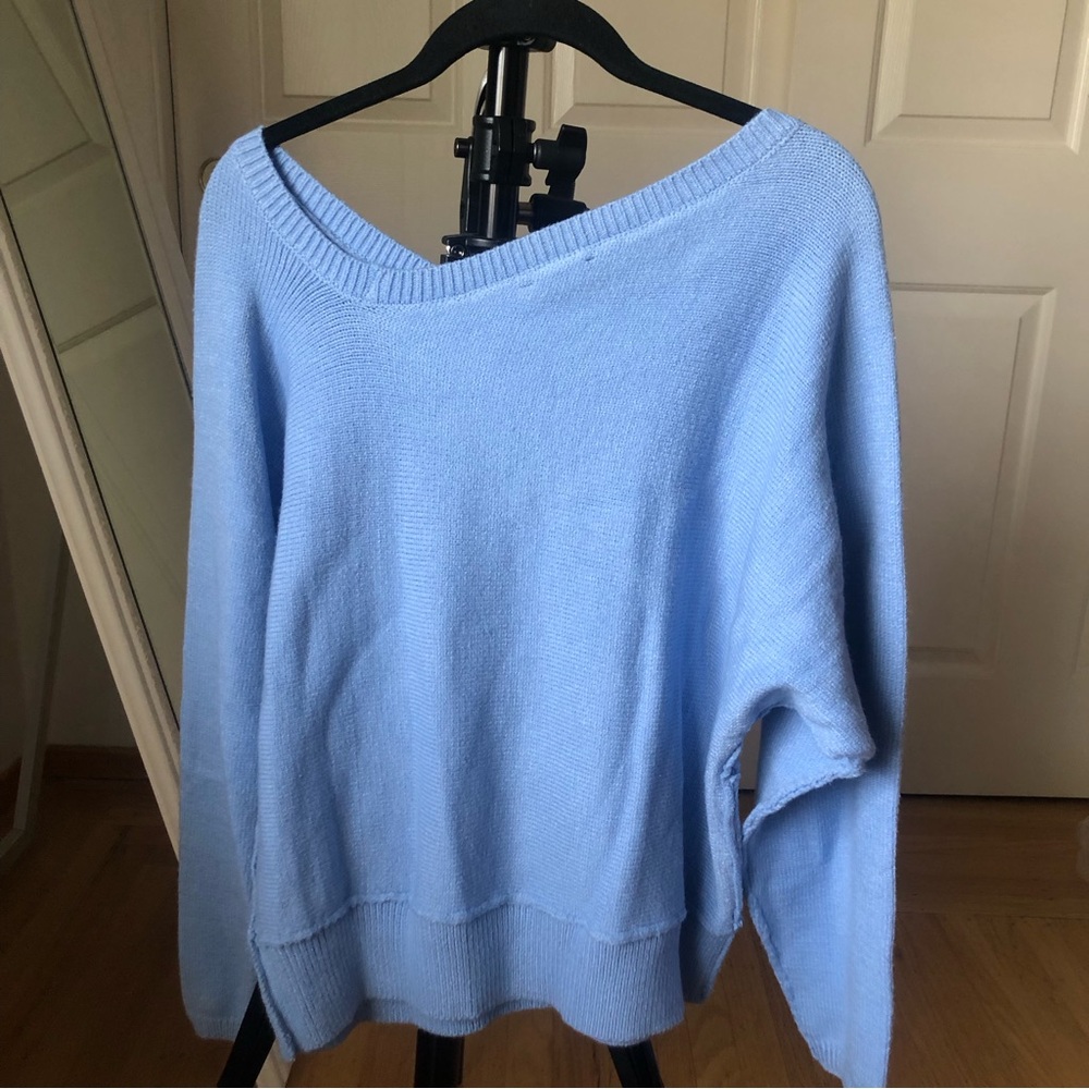 Light Blue Sweater Asymmetrical Neckline